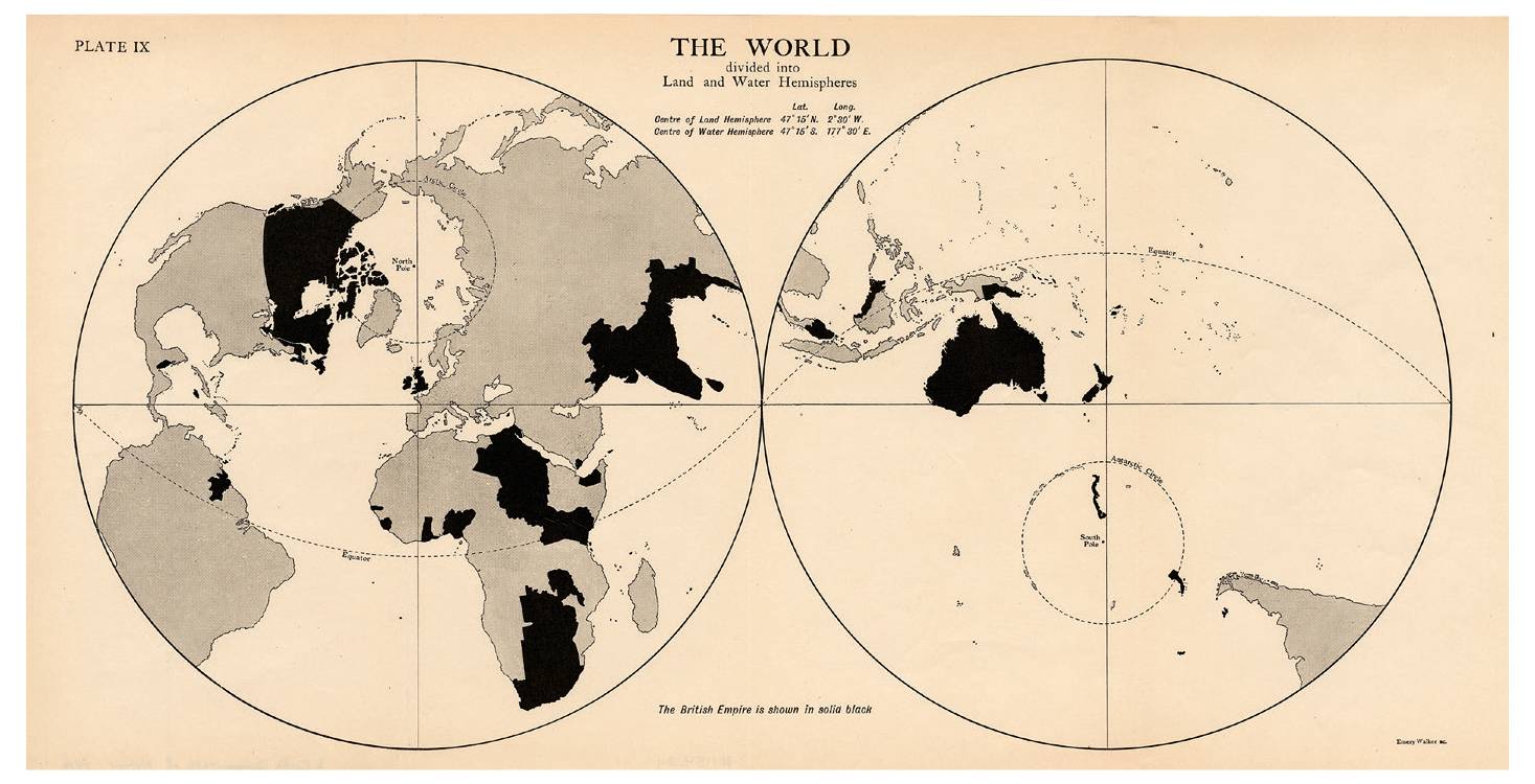 Карта мира Лайонела Кертиса с делением  на полушария воды и суши. Британская империя окрашена черным цветом. 1916
