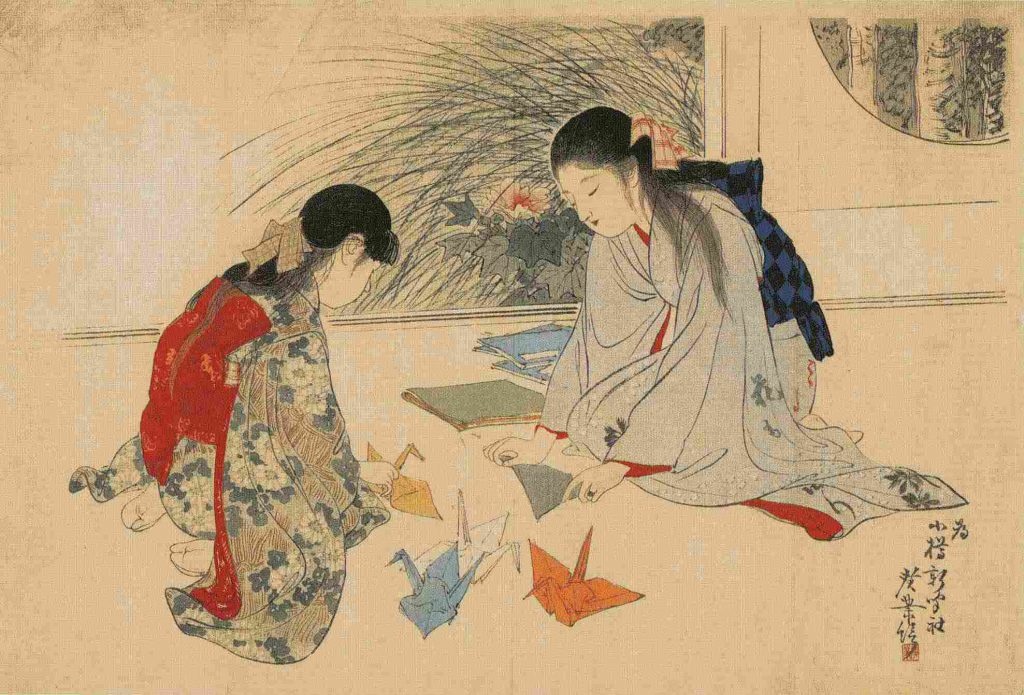 Когё Тэрасаки. Девушки складывают бумажных журавлей. 1906 (эпоха Мэйдзи)