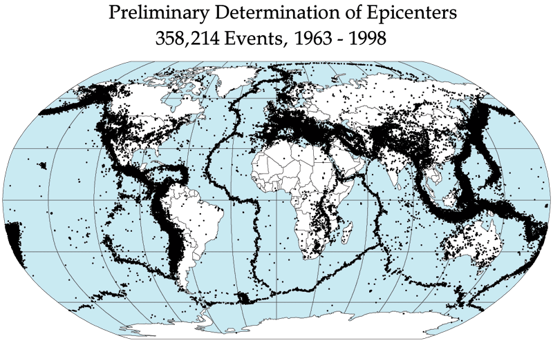 Эпицентры землетрясений (1963—1998)