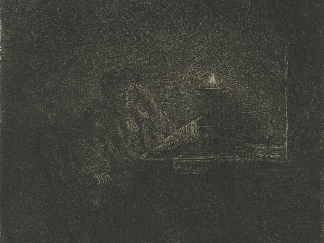 Рембрандт Харменс ван Рейн. Студент за столом в свете свечи (фрагмент). 1642