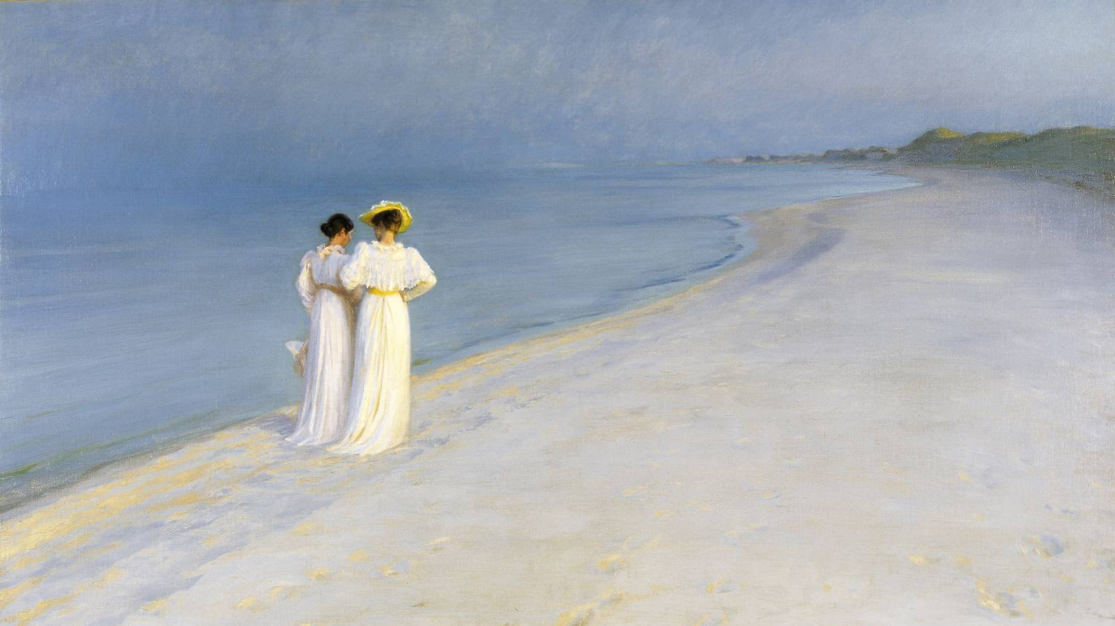 Педер Северин Крёйер. Летний вечер на южном пляже Скагена. Анна Анкер и Мария Крейер. 1893