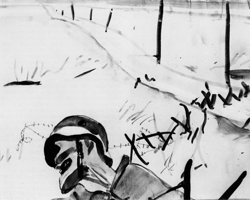 Александр Дейнека. Мертвый солдат на фоне разбитых заграждений. Иллюстрация к книге Анри Барбюса «В огне». 1934