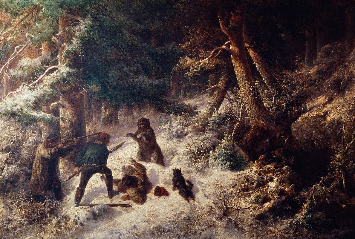 Йосеф Вильгельм Валландер. Охота на медведя зимой. 1861
