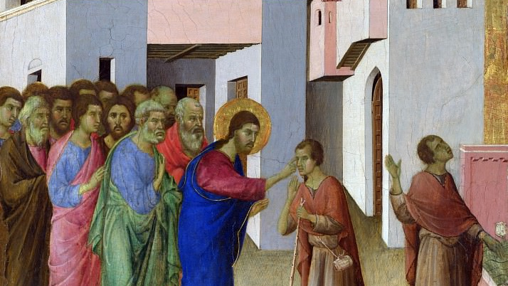 Дуччо. Иисус открывает глаза слепорожденному (фрагмент). 1311