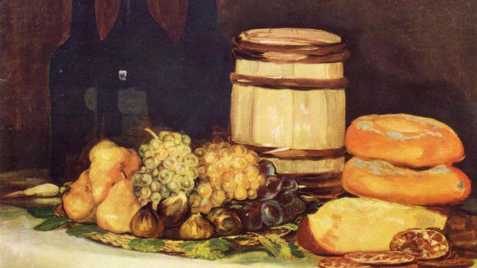 Франсиско де Гойя. Натюрморт с фруктами, бутылками, хлебом. (фрагмент) 1826