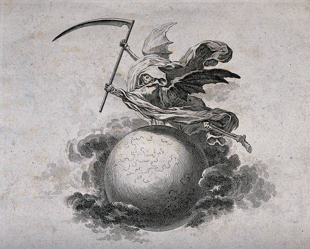 Неизвестный автор. Крылатый скелет с косой летит над земным шаром. XVIII в.