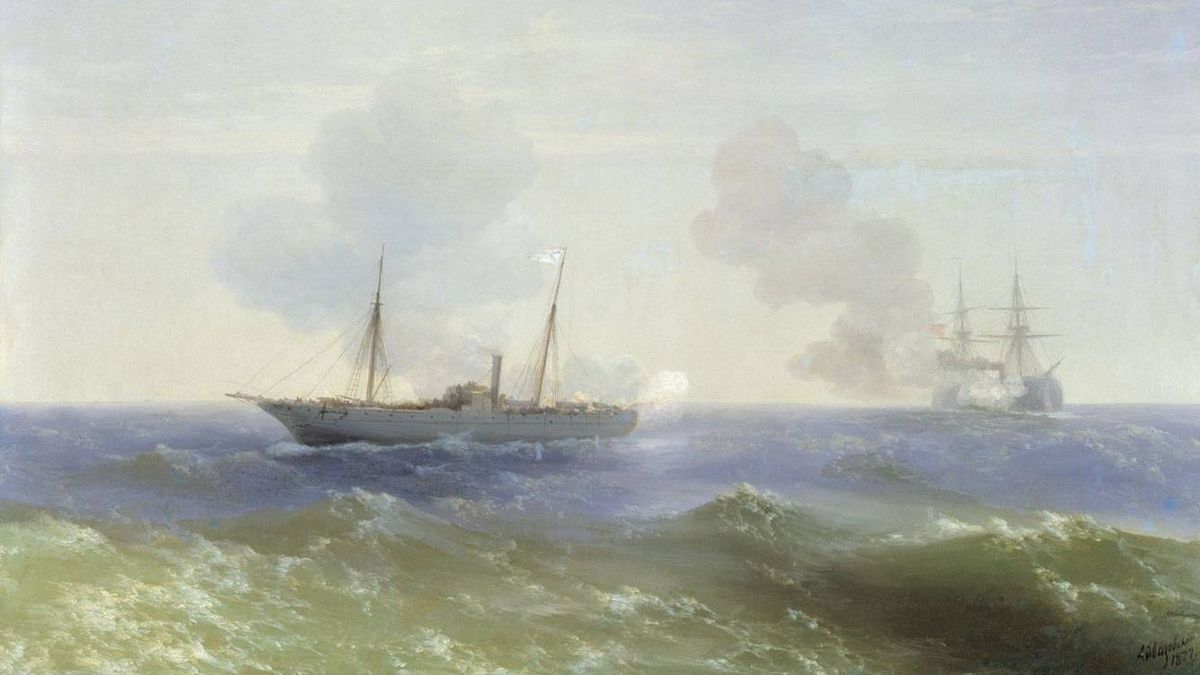 И.К. Айвазовский. Бой парохода «Веста» с турецким броненосцем «Фехти-Буленд» в Чёрном море 11 июля 1877 года