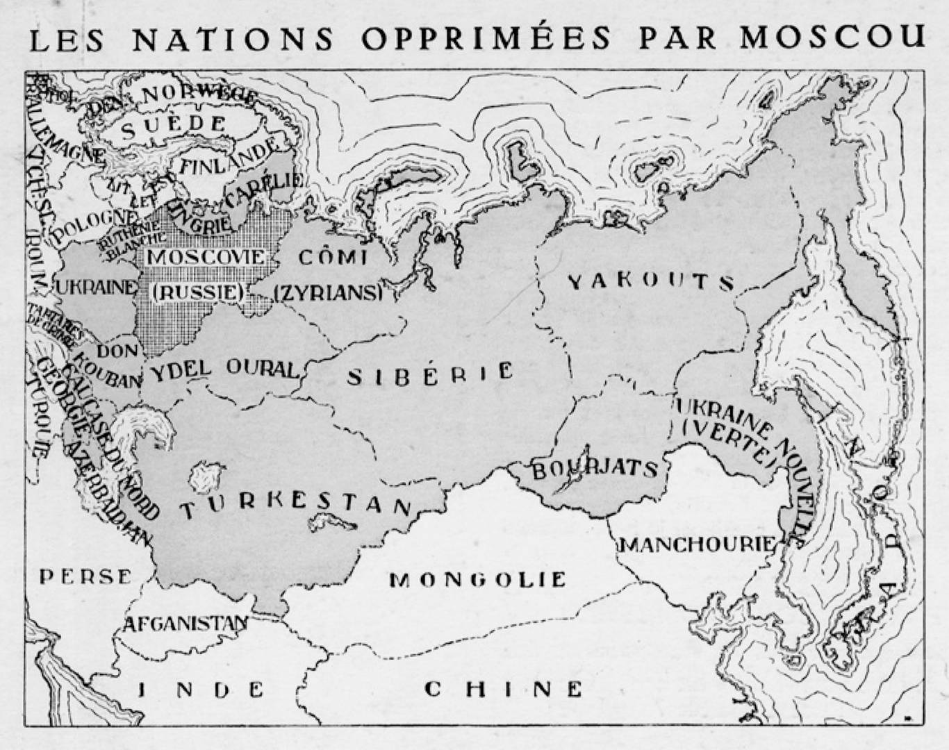 Открытка с картой прометеистской «Лиги угнетенных народов»: «Народы, угнетенные Москвой» («Ligue des Nations opprimées par Moscou»)