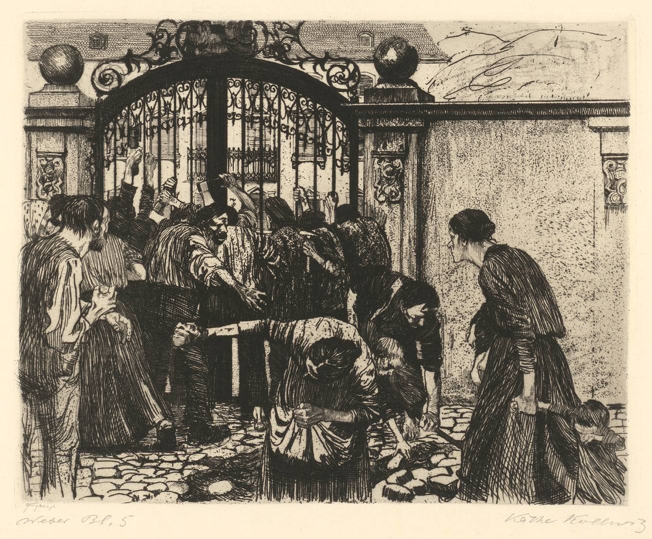 Кете Кольвиц. Штурм ворот. Офорт из цикла «Восстание ткачей». 1893-1897