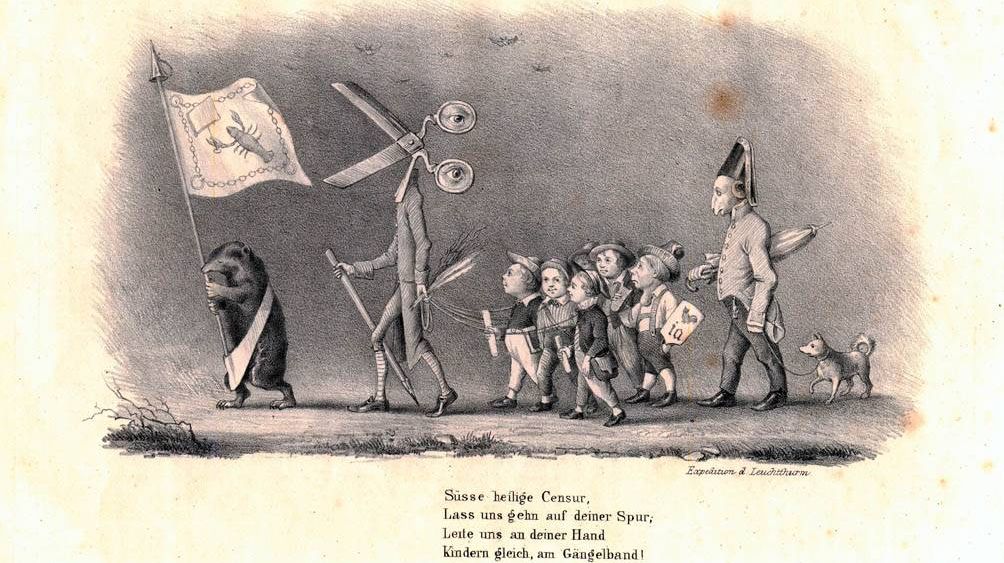 Карикатура «Хорошая печать». Журнал Lighthouse. 1847. Подпись гласит: Сладкая священная цензура; Пойдем по твоей тропе; Направляйте нас к себе, Как к детям, на ремне!