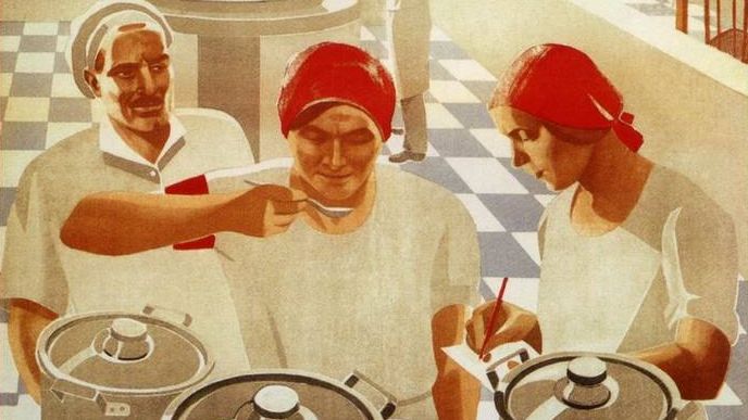 Советский плакат. Работница, борись за чистую столовую