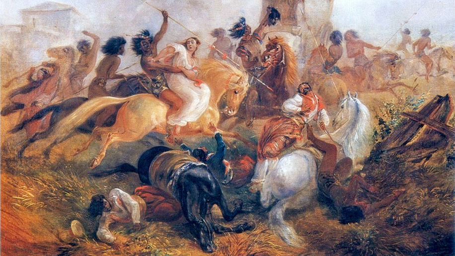 Йоганн-Мориц Ругендас. Индейцы нападают на аргентинских солдат (фрагмент). 1846