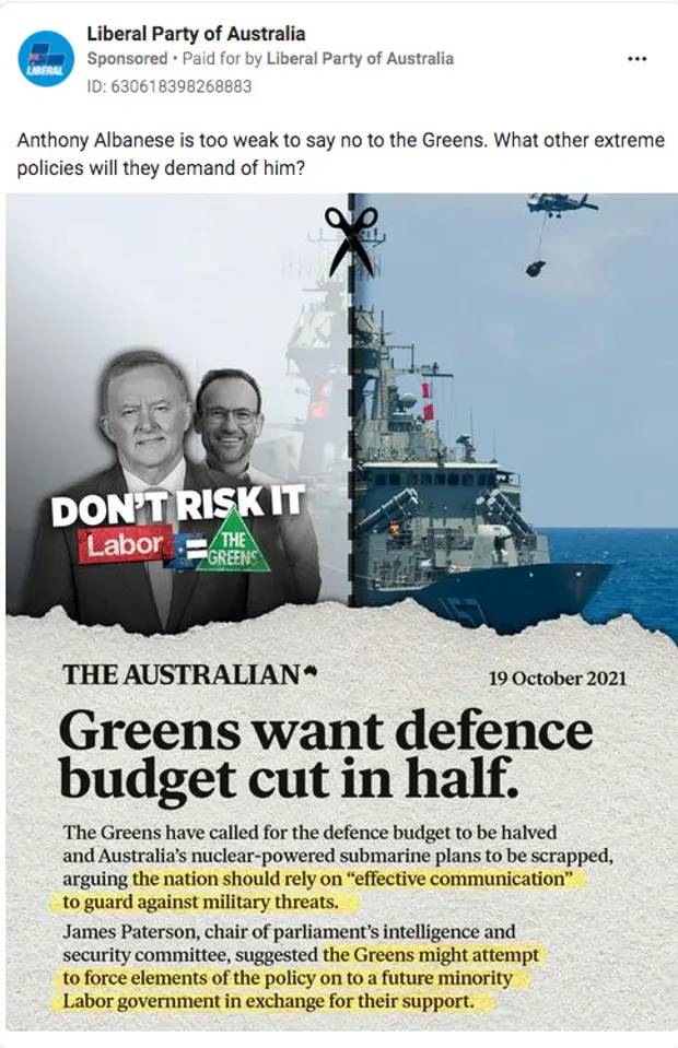 Реклама Либеральной партии Австралии, размещенная на Facebook, в которой утверждается, что коалиция лейбористов и зеленых сократит расходы на оборону