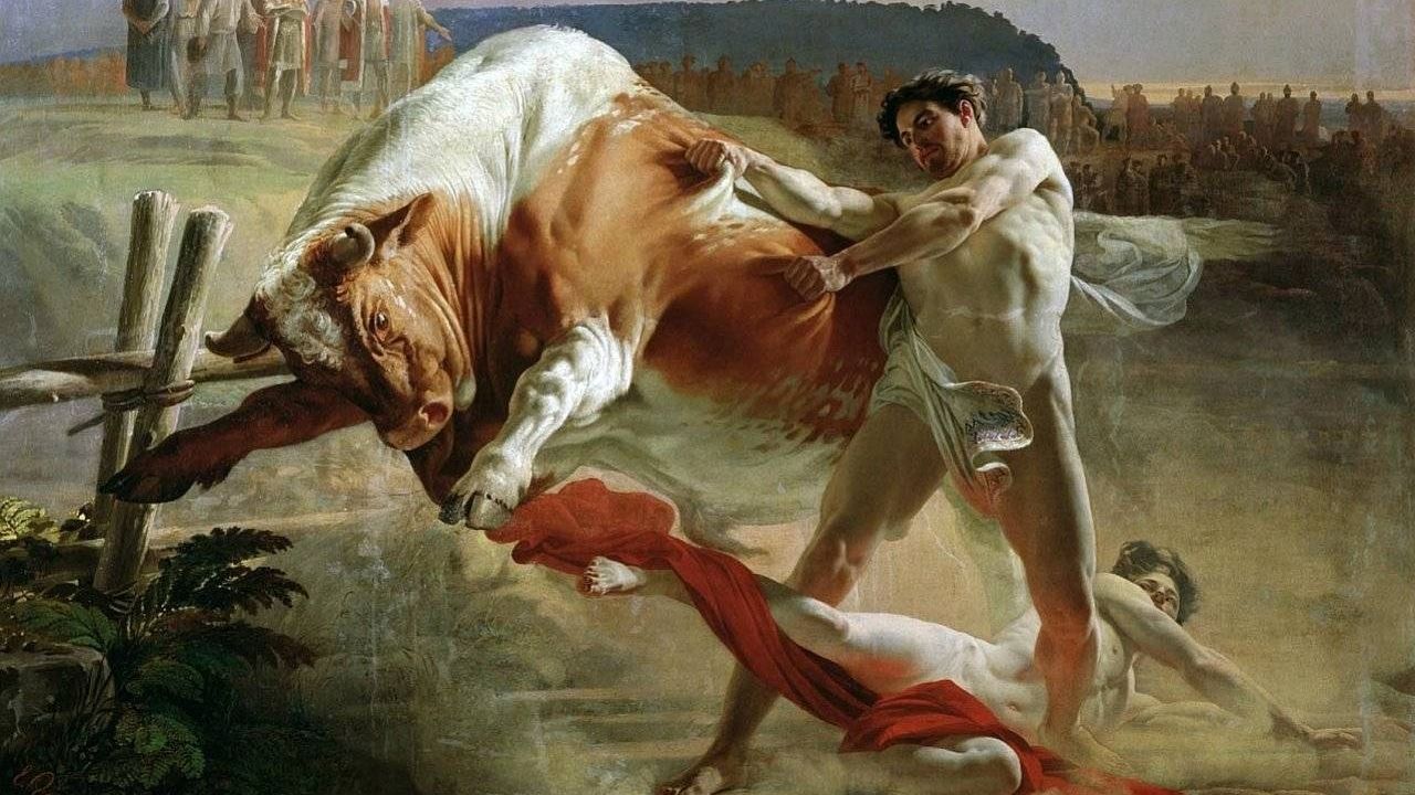 Евграф Сорокин. Ян Усмовец, удерживающий быка. 1849