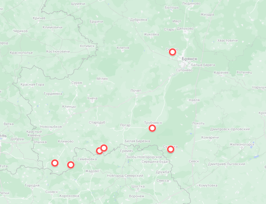 Карта обстрелов со стороны ВСУ по территории Брянской области с 1 по 7 апреля 2024 г.