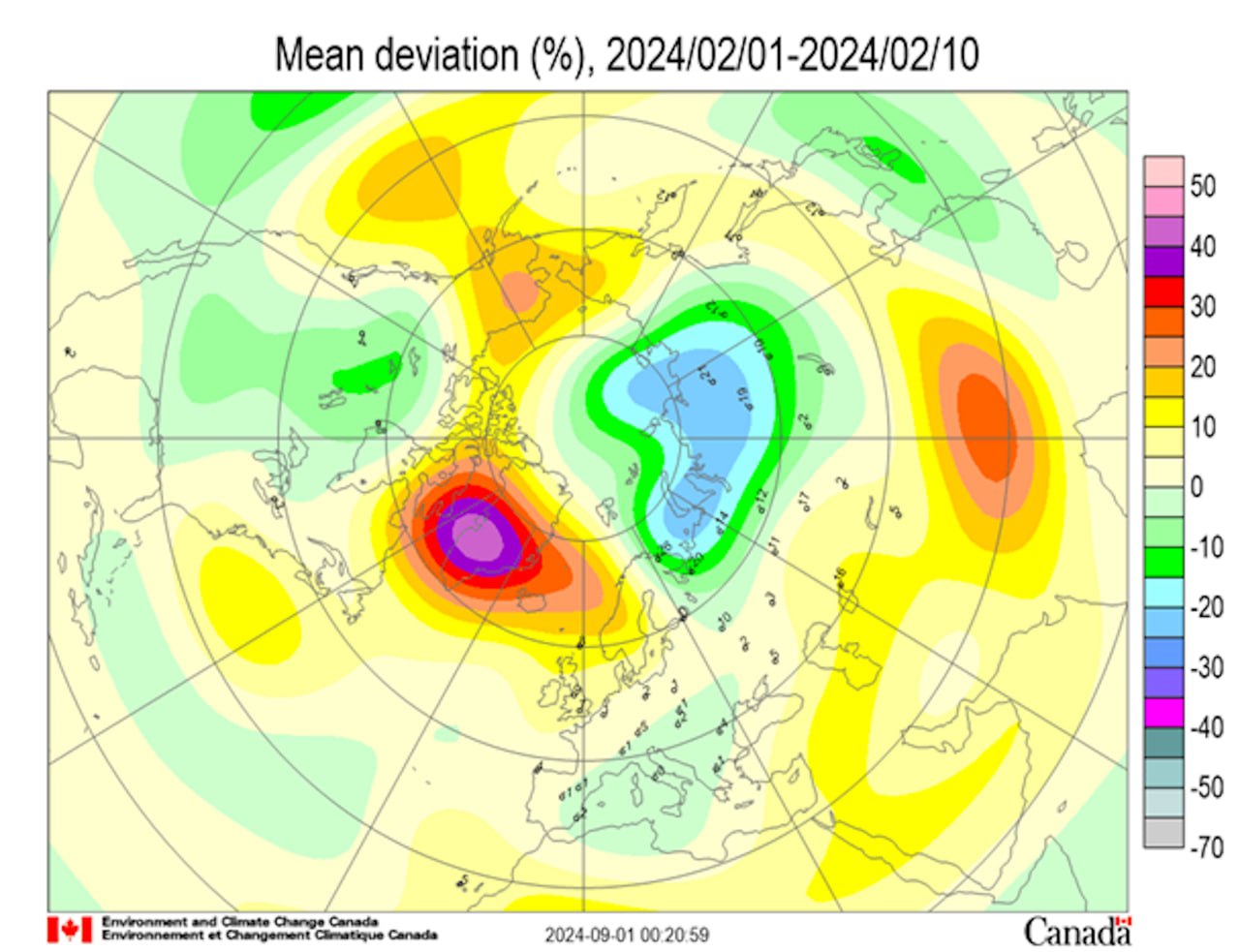 Рис.•1. Аномалии общего содержания озона (ОСО) в Северном полушарии в первую декаду февраля 2024 года