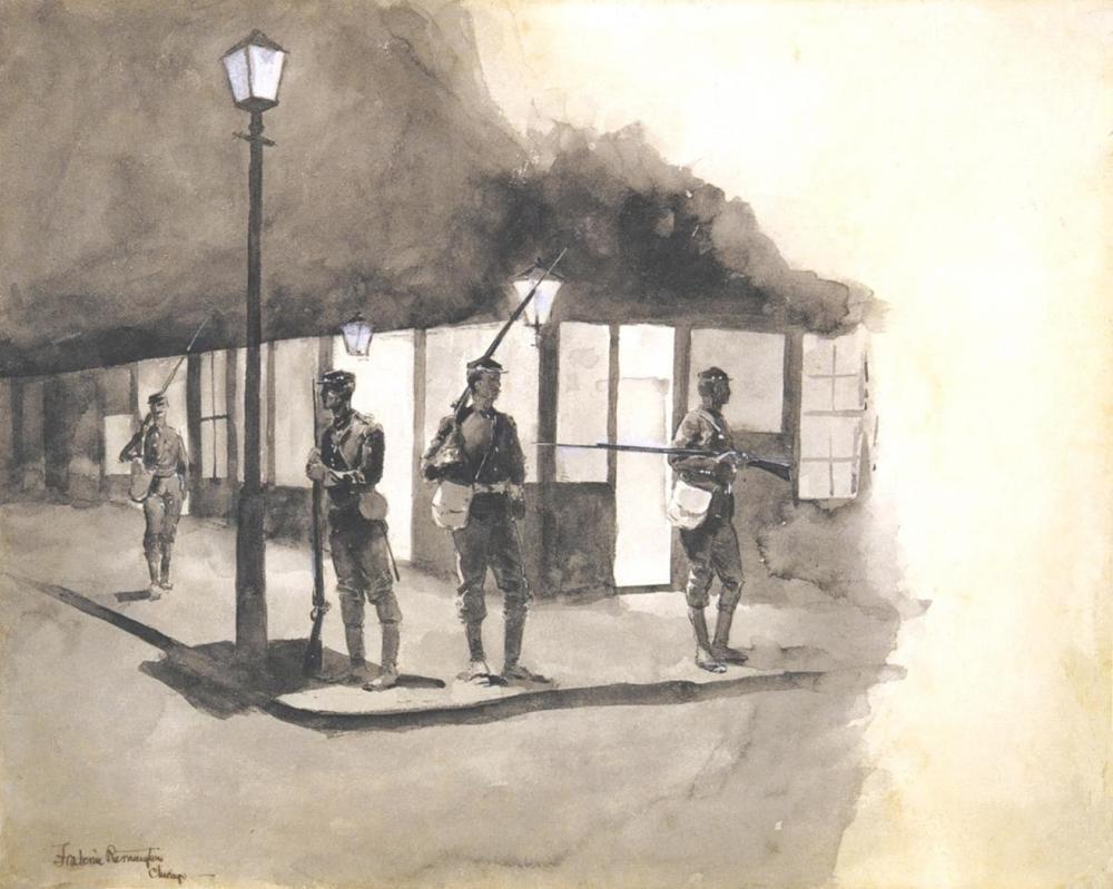 Фредерик Ремингтон. Национальная гвардия Иллинойса на заставе в Чикаго. 1894