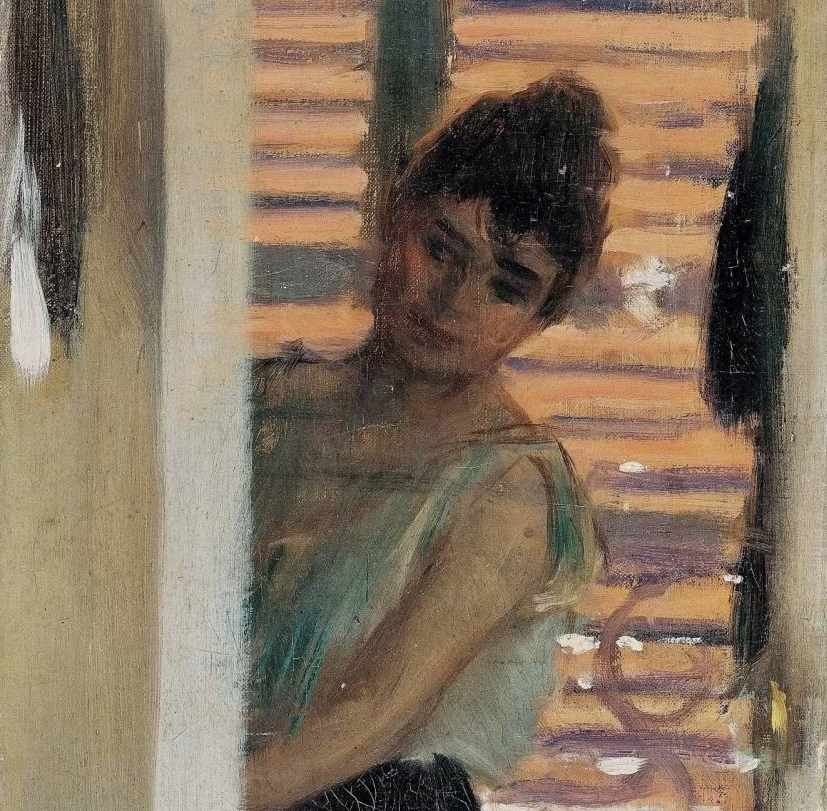 Рамон Карбо. Переодевание. Выглядывающая из-за дверцы женщина (фрагмент). 1890