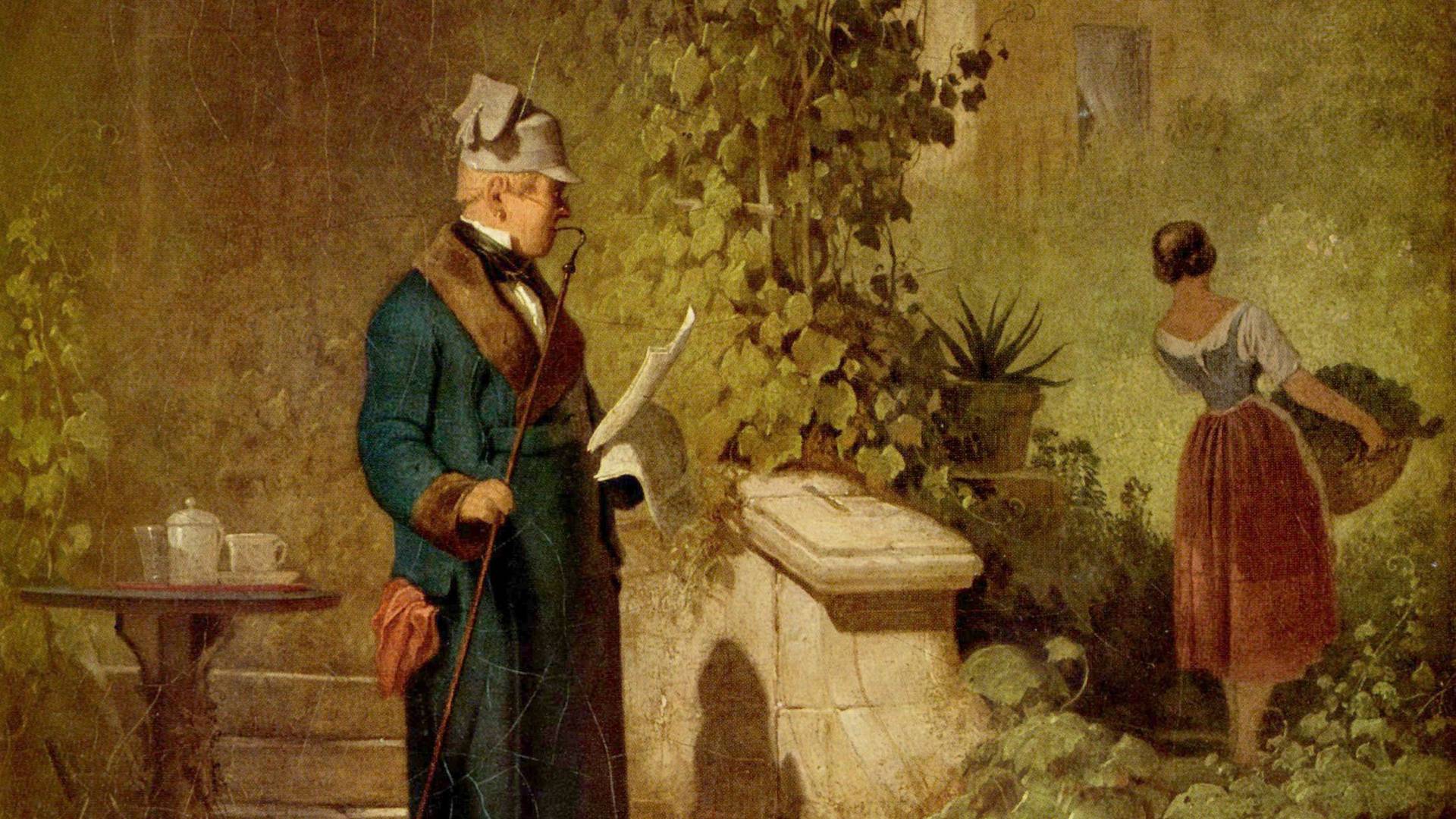 Карл Шпицвег Читающий газету в саду (фрагмент) 1847 г.
