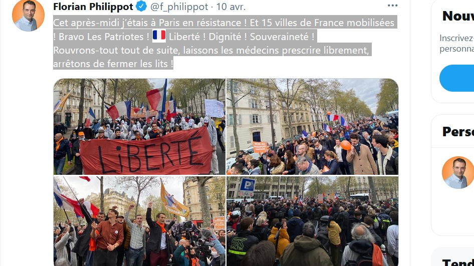 Скриншот страницы Twitter главы партии «Патриоты» («Les Patriotes») Флориана Филлипо с постом о митинге 10 апреля 2021 года