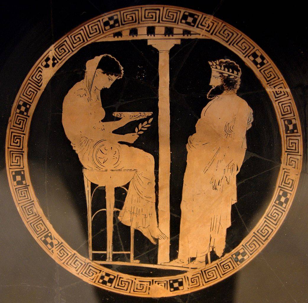 Фемида в роли пифии вещает Эгею Аттический килик, ок. 440—430 гг. до н. э.