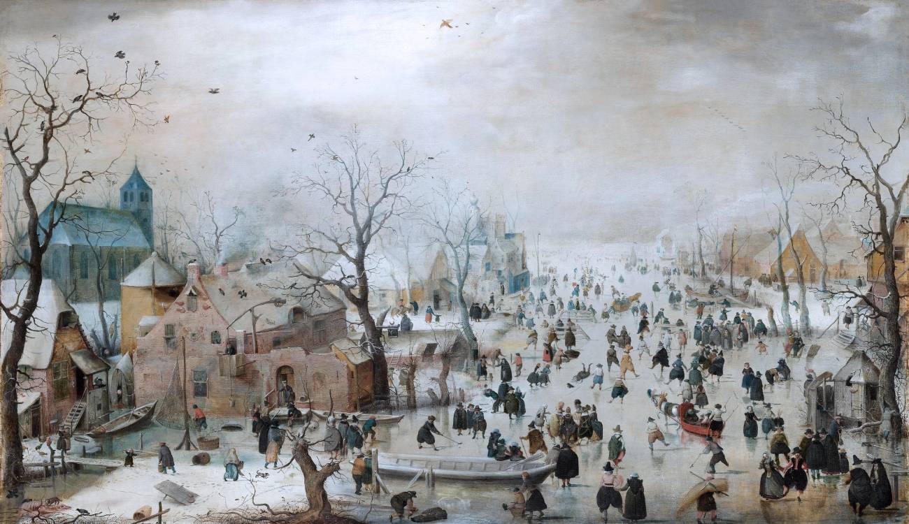Хендрик Аверкамп. Зимний пейзаж с катающимися на льду. 1608