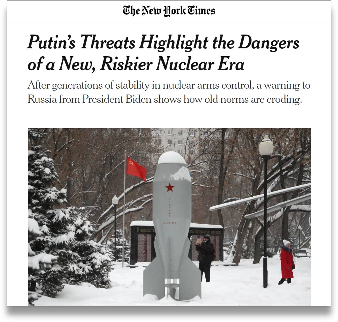 Передовица газеты The New York Times от 1 июня 2022 года — о переходе мира к более «рискованной ядерной эре»