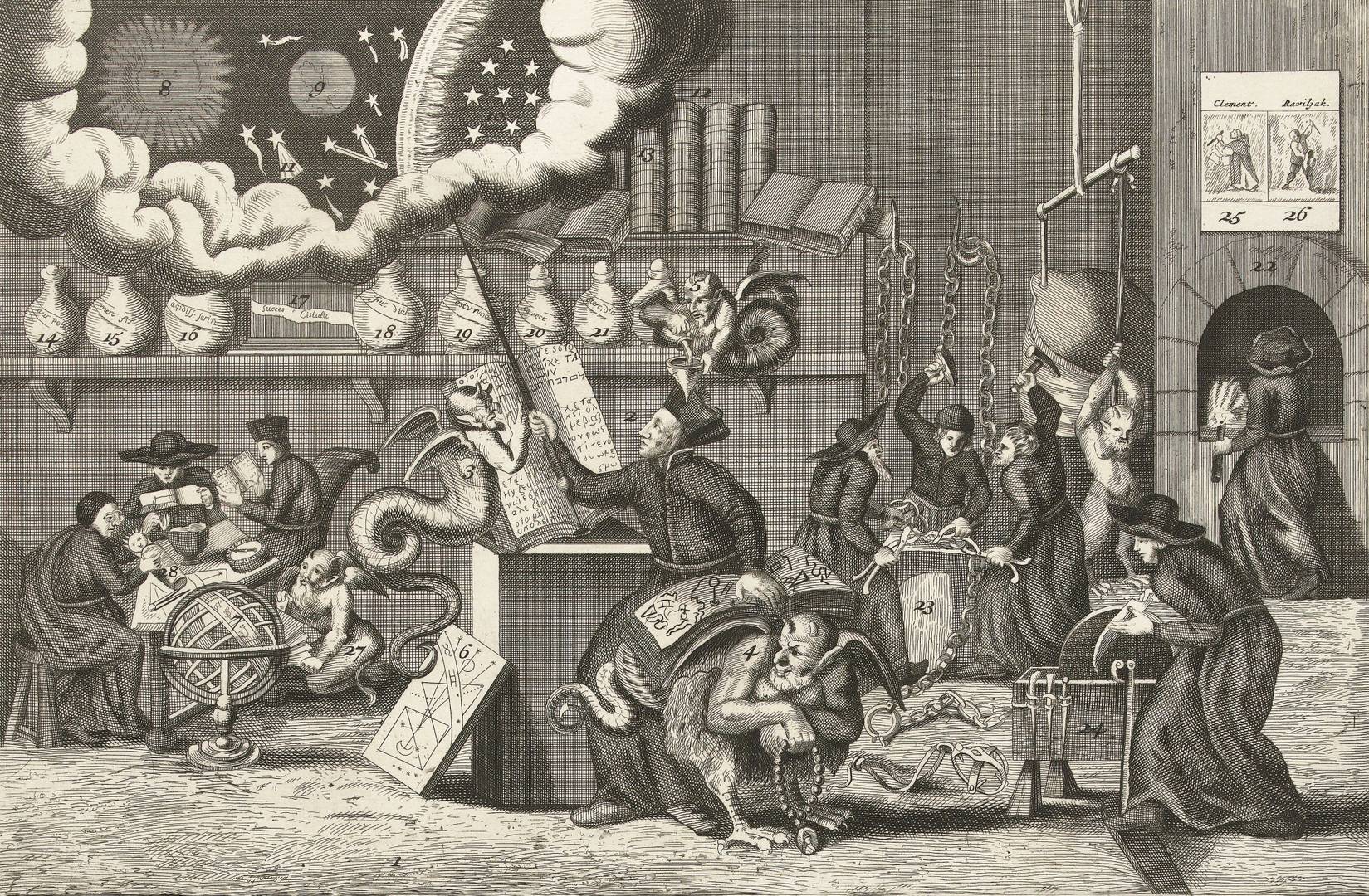 Пол ван Сомер II (приписывается). Карикатура о дьявольском искусстве отца Петерса (Эдварда Петре), который вместе с католиками и бесами занят работой в алхимической лаборатории. 1689