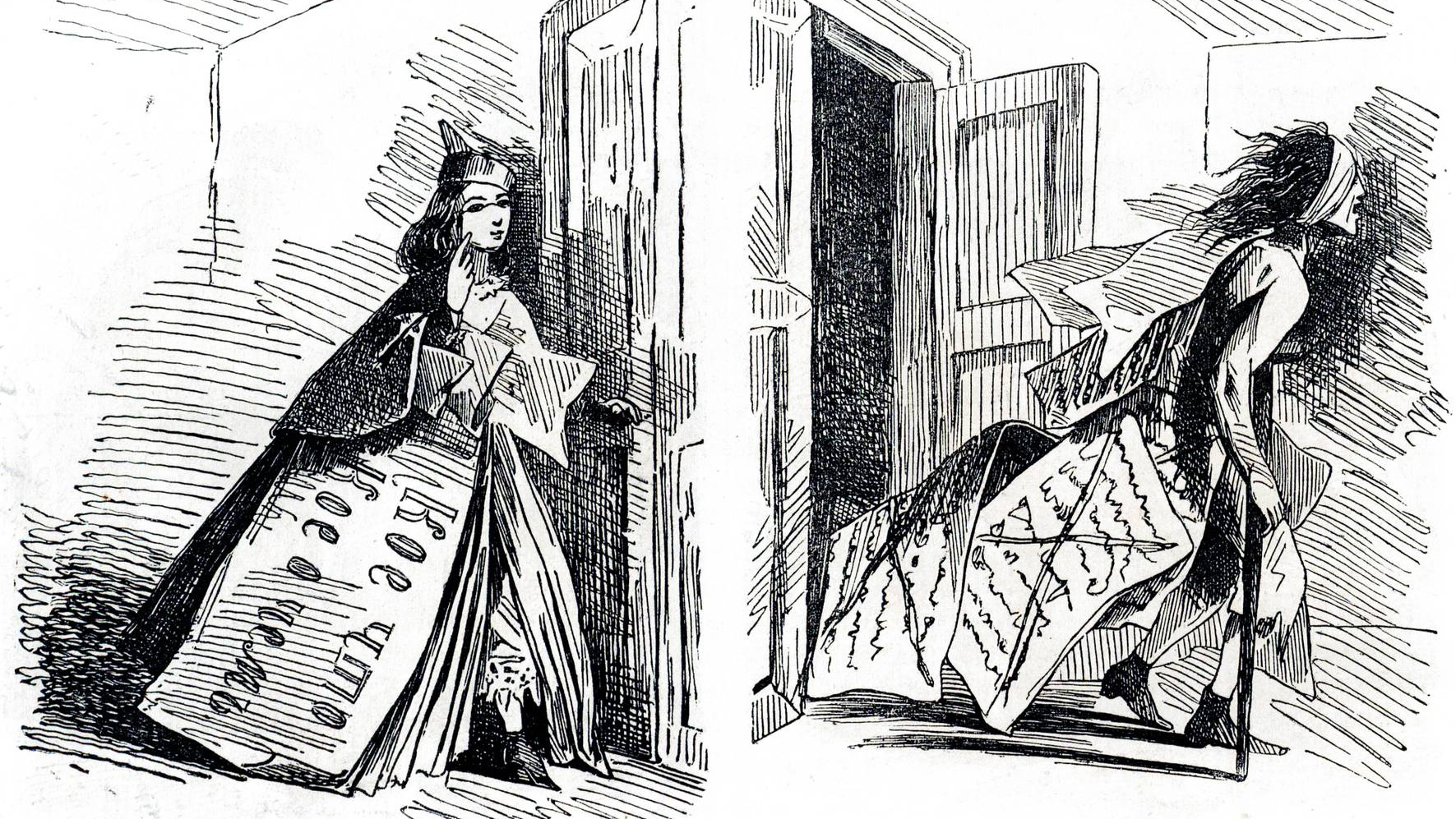 Карикатура Аполлона Б. Слева Статья до просмотра цензурой; справа Статья процензурированная. Искра. 1863
