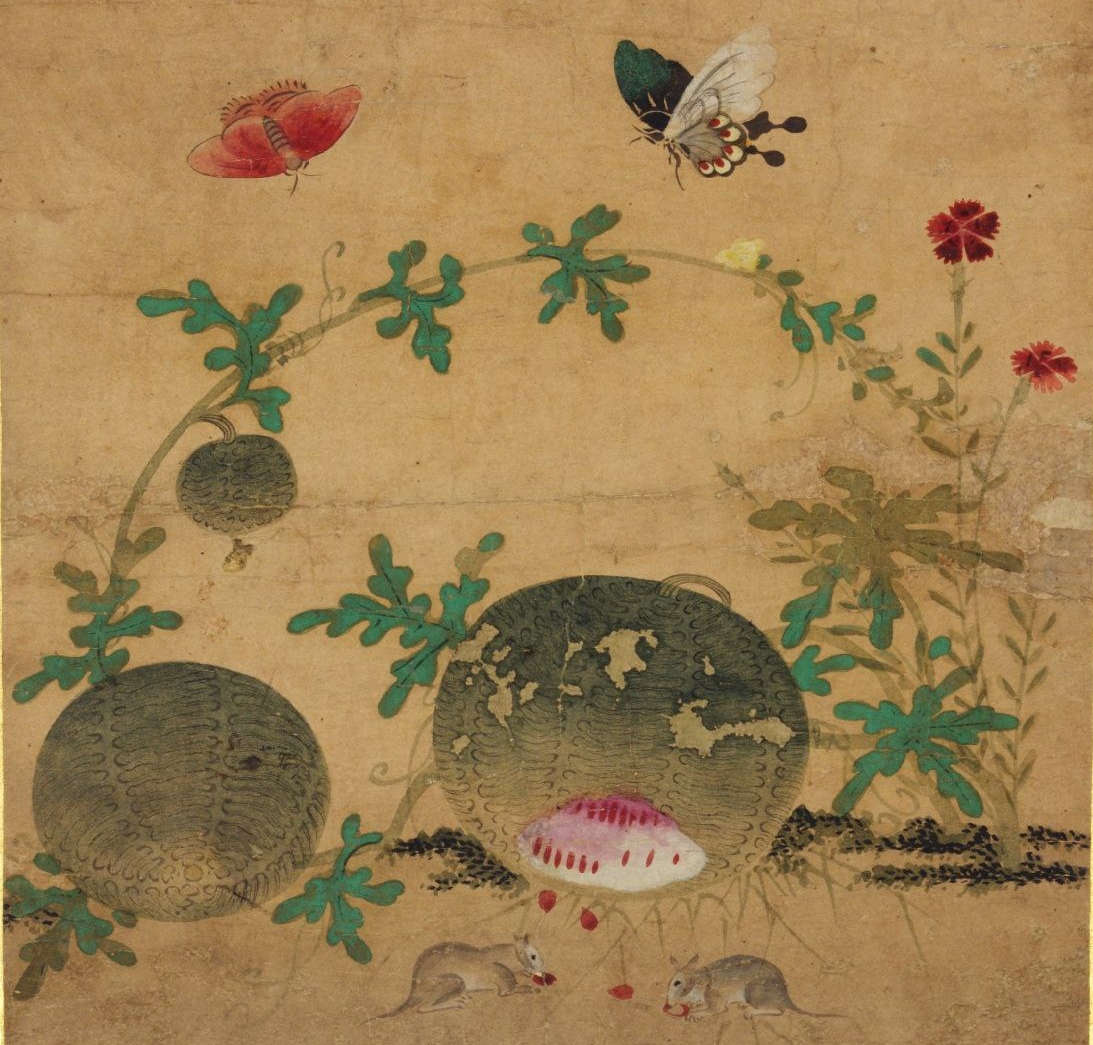Картина с изображением мышей, грызущих арбуз. Корея XVI в.