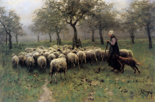 Антон Мауве. Стадо овец и пастушка