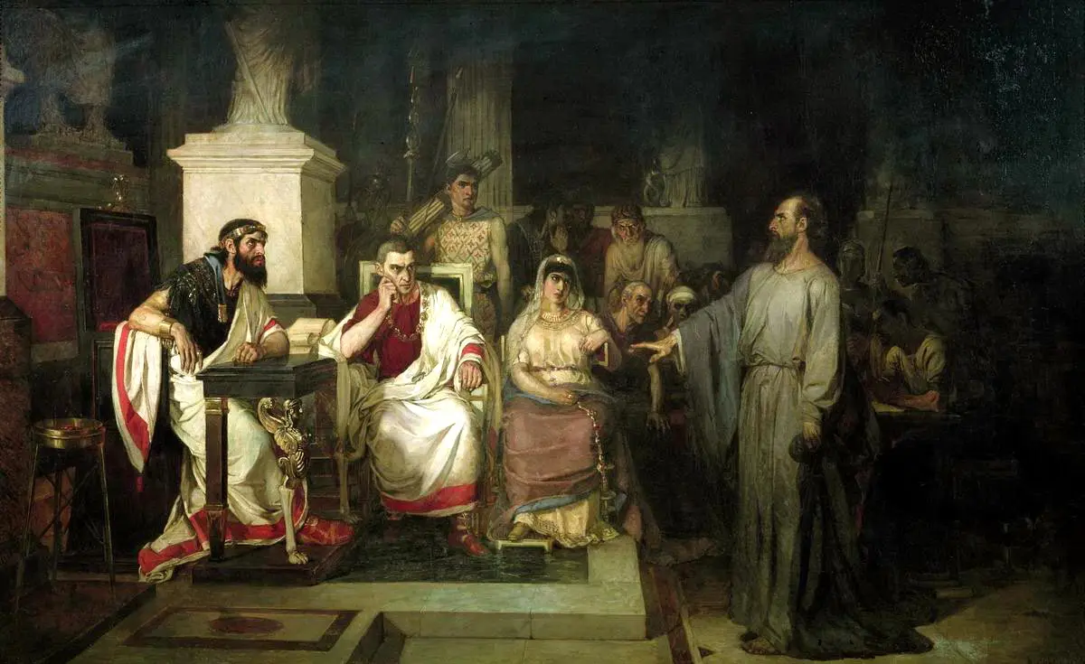 Василий Суриков. Апостол Павел объясняет догматы веры в присутствии царя Агриппы, сестры его Береники и проконсула Феста. 1875