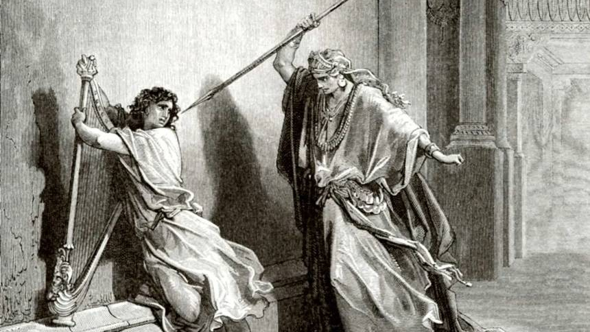Поль Гюстав Доре. Иллюстрация к Библии: покушение Саула на Давида (фрагмент). 1877
