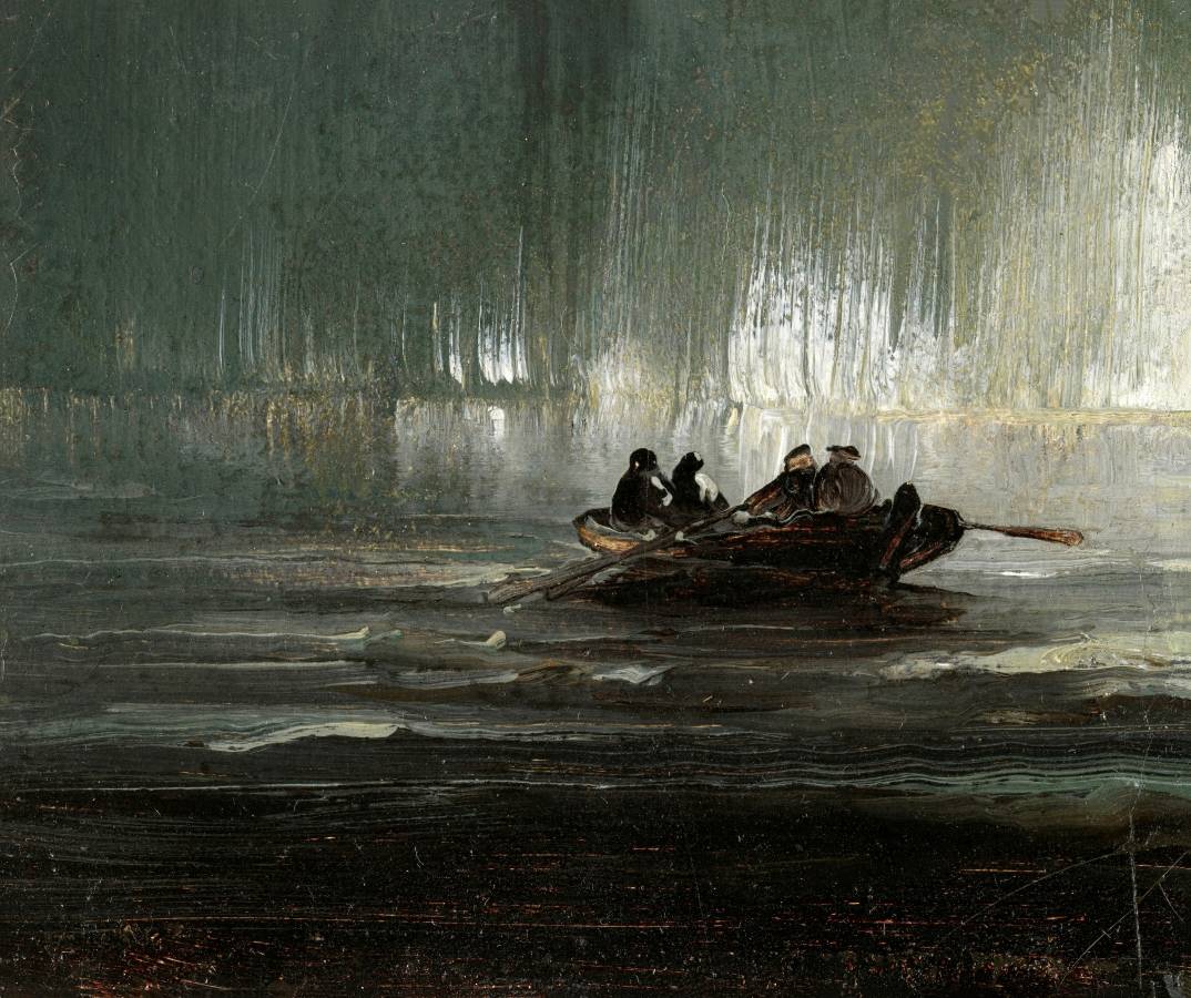Педер Балке. Северное сияние над четырьмя мужчинами в гребной лодке. 1887