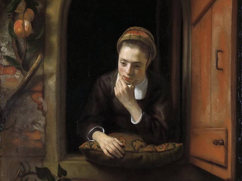 Николас Мас. Девушка в окне (известная как «Мечтательница», фрагмент). 1650-60-е