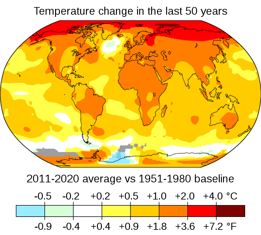 Средние глобальные температуры с 2011 по 2020 год по сравнению с базовым средним показателем с 1951 по 1980 год. 