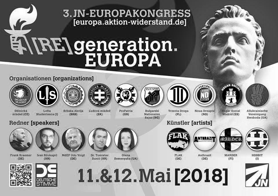 Анонс панъевропейского неонацистского конгресса «REgeneration Europa», прошедшего в немецком г. Ризе. 2018