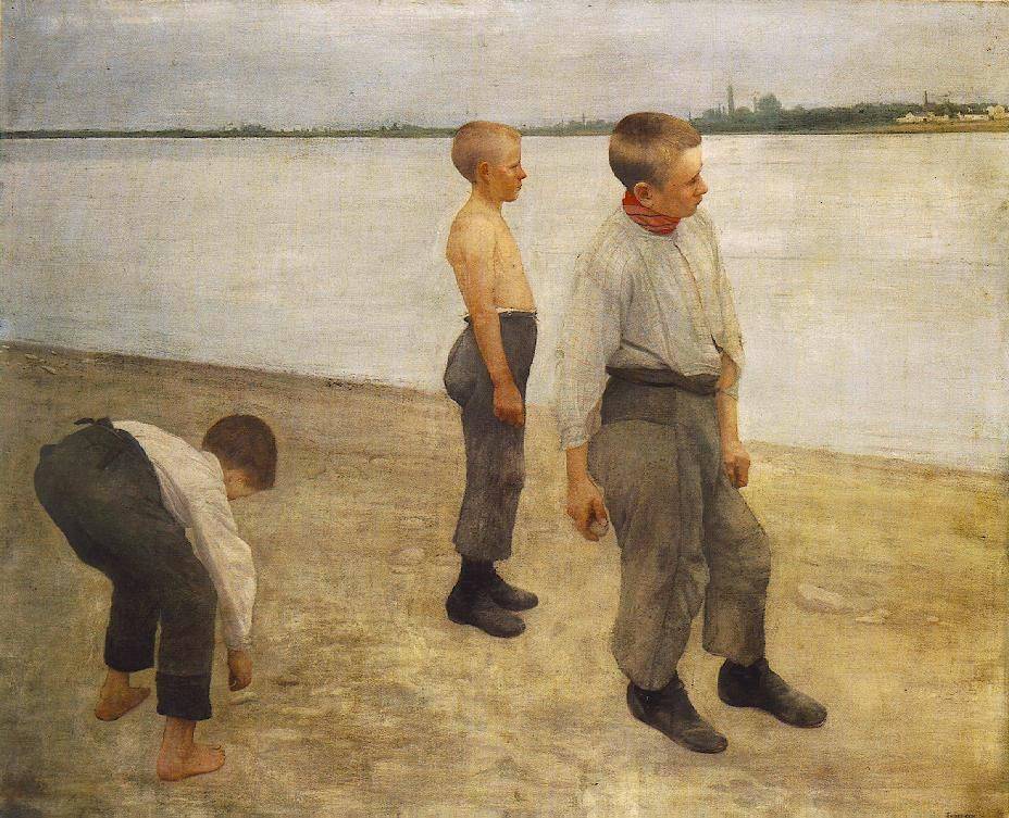 Карой Ференци. Мальчики, бросающие камешки в реку. 1890