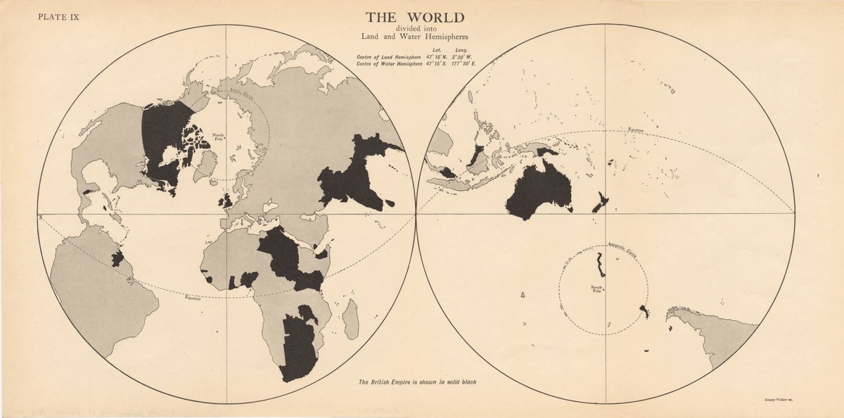 Лайонел Кёртис. Карта мира с делением на полушария воды и суши (территории Британской империи выделены чёрным цветом). 1916