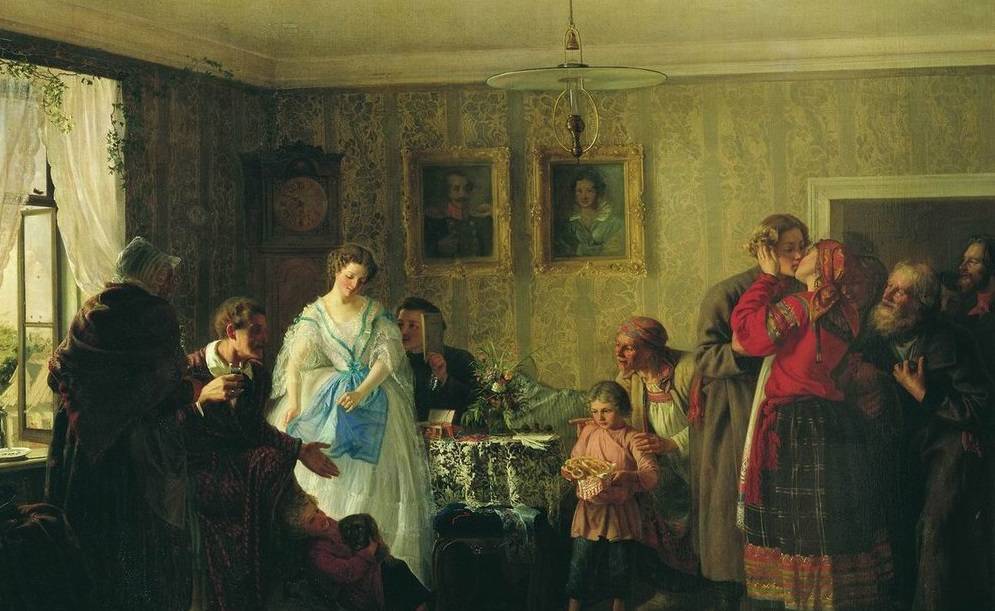 Григорий Мясоедов. Поздравление молодых в доме помещика. 1861