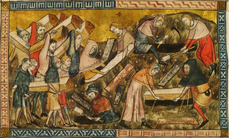 Похороны жертв «чёрной смерти». Миниатюра Пьера дю Тилта из хроники Жиля Ле Мюизи.1353