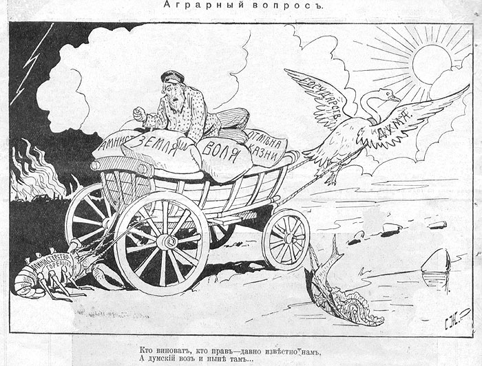 Политическая карикатура по басне И. А. Крылова «Лебедь, рак и щука». 1906 г.