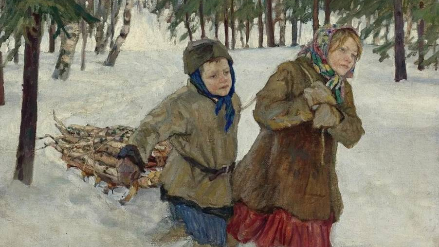 Николай Богданов-Бельский. Везущие дрова по снегу. 1886