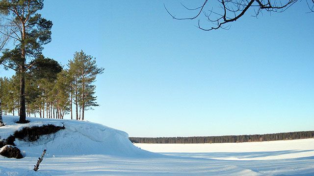 Берег Рыбинского водохранилища зимой