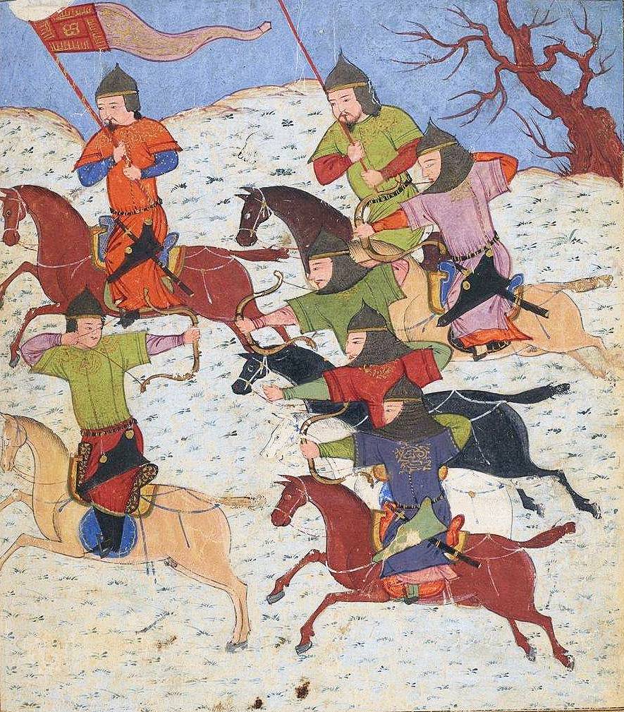 Монгольские конные лучники. Иллюстрация из Джами ат-таварих Рашид ад-Дина. XIV век