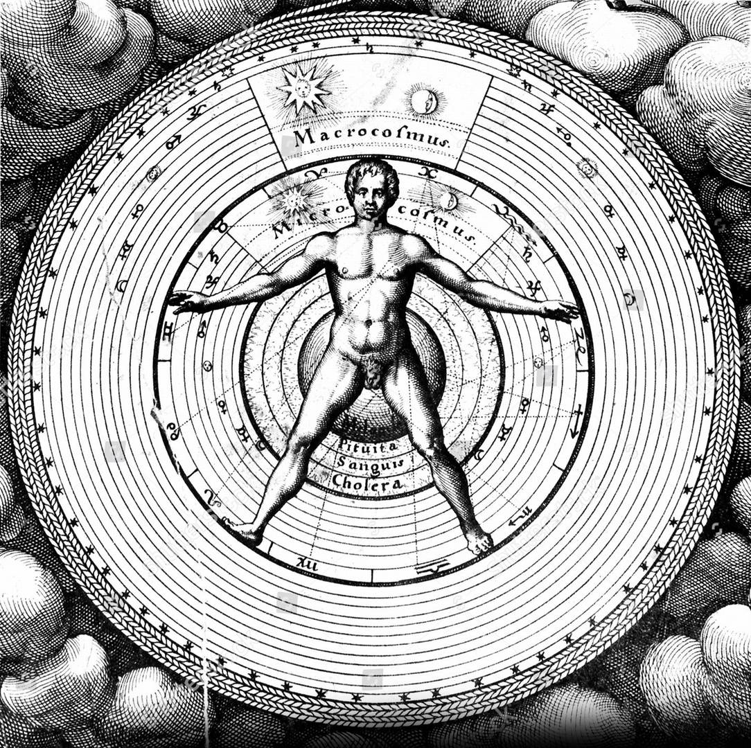 Старинная гравюра, иллюстрирующая связь микрокосма (человека) с Макрокосмом (Вселенной)