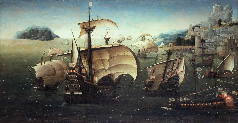 Корнелис Антонис. Португальский флот на фоне скалистого берега