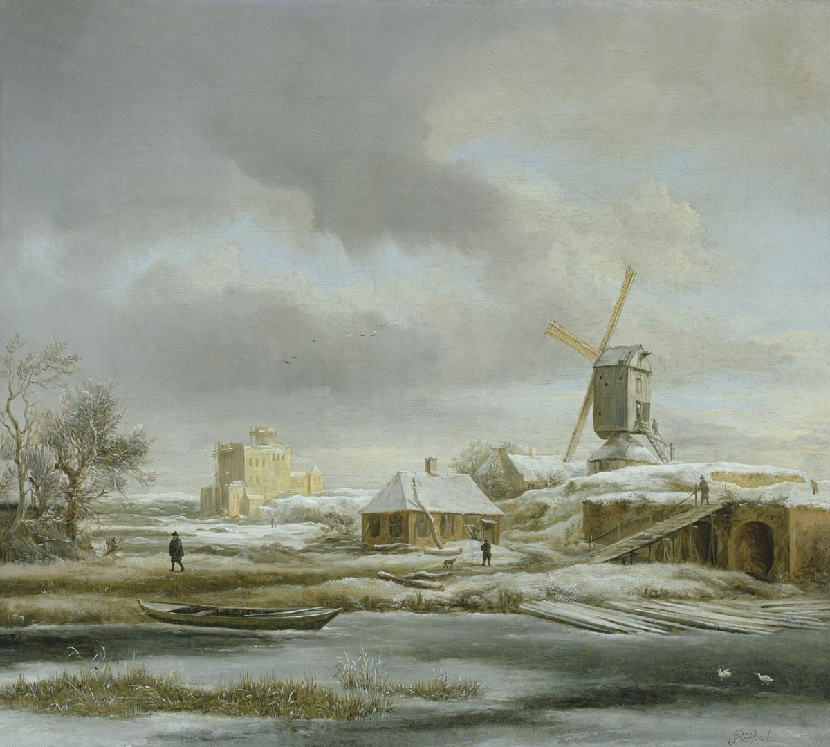 Якоб ван Рёйсдал. Зимний пейзаж с ветряной мельницей и строящимся домом. 1670.