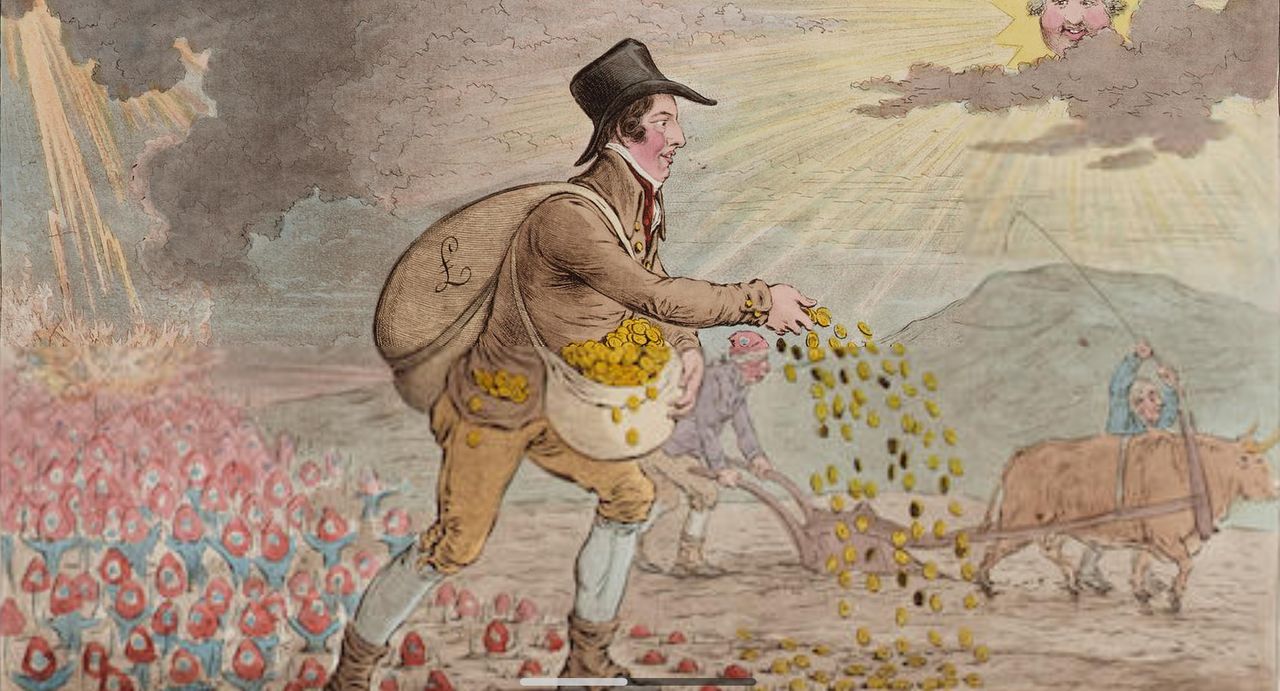 Джеймс Гиллрей. Роды патриотизма — или фермер из Блумсбери, сажающий Бедфордширскую пшеницу. 1796