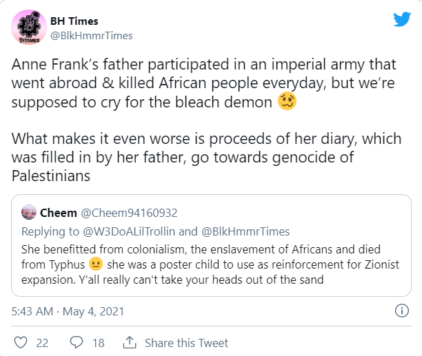 Скриншот со страницы движения Black Hammer в соцсети Twitter от 4 мая 2021 года с комментариями об Анне Франк